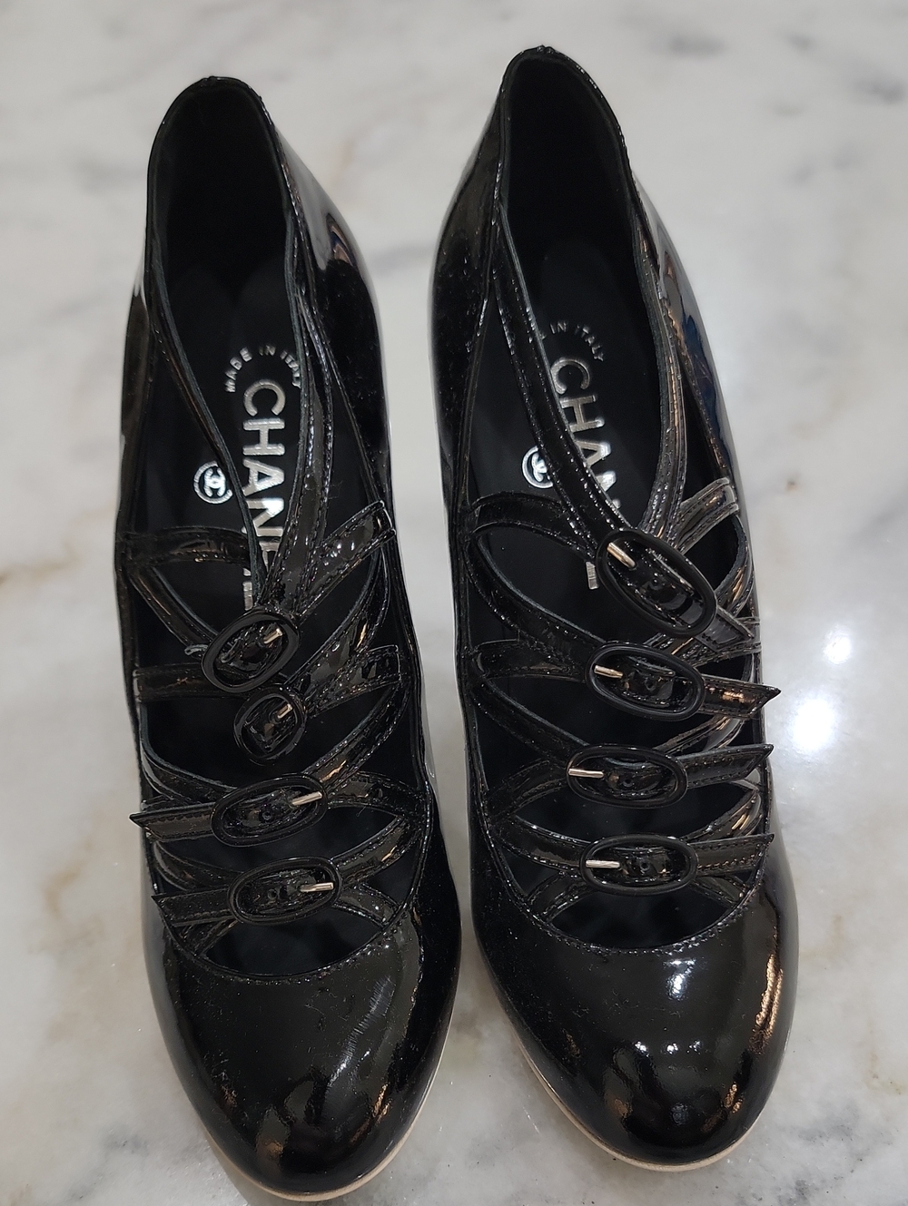 CHANEL Black Patent Leather Multi-Strap Heels